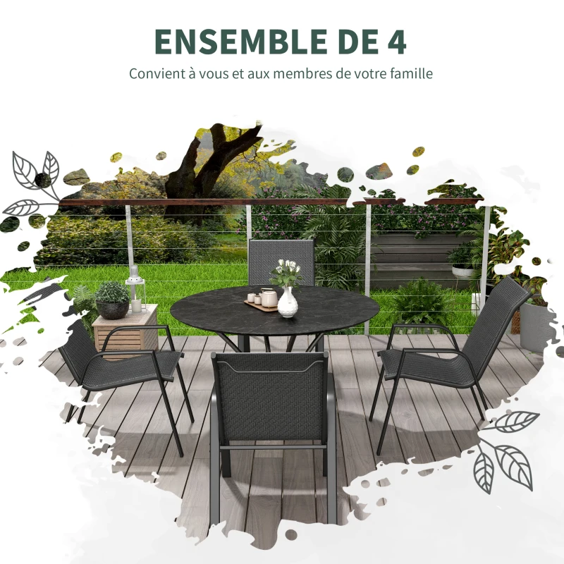 Outsunny Lot de 4 chaises de jardin empilables, fauteuil d'extérieur avec accoudoirs et revêtement en résine tressée effet rotin