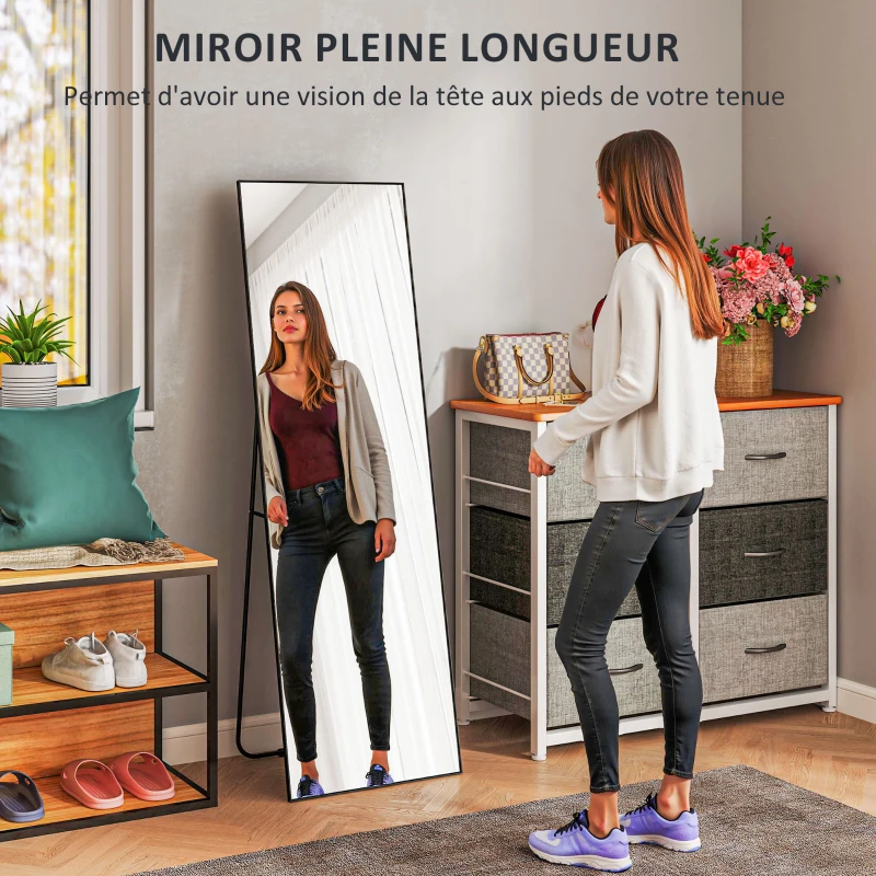 HOMCOM Grand miroir pleine longueur rectangulaire, 50 x 160 cm, miroir sur pied, mural ou pocé contre mur, noir