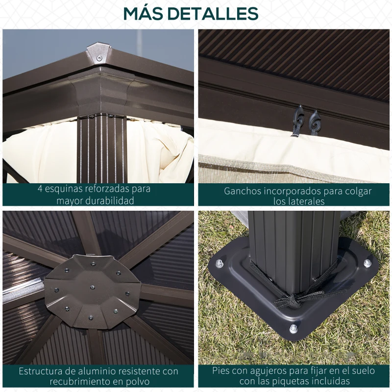Outsunny Cenador para Jardín 3x3 m Alumnio Pabellón para Exterior con Techo de Policarbonato Anti-UV y 4 Mosquiteras Laterales con Cremalleras para Fiestas Eventos Beige