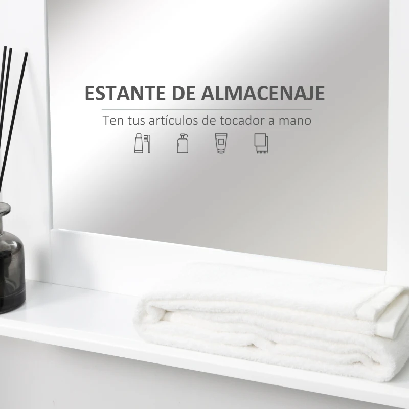 Kleankin Espejo de Baño Espejo de Pared Moderno con Estante de Almacenaje y Marco de Madera 50x11,5x60 cm Blanco