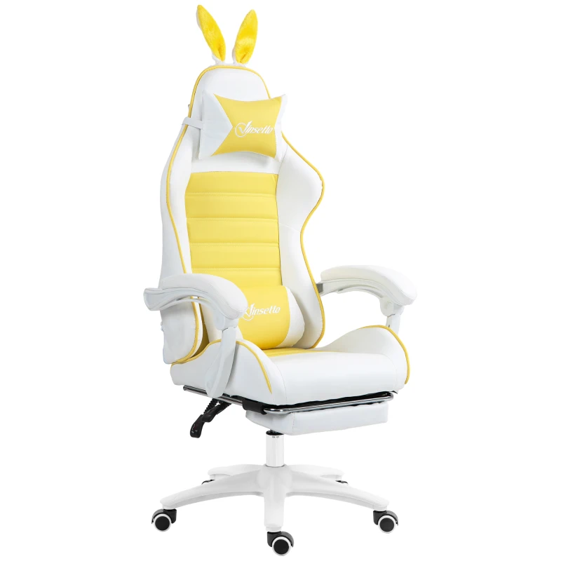 Vinsetto Reclining Racing Gaming Chair with Headrest and Lumber Support, PU Leather Computer Chair with Removable Rabbit Ears, Footrest, Yellow