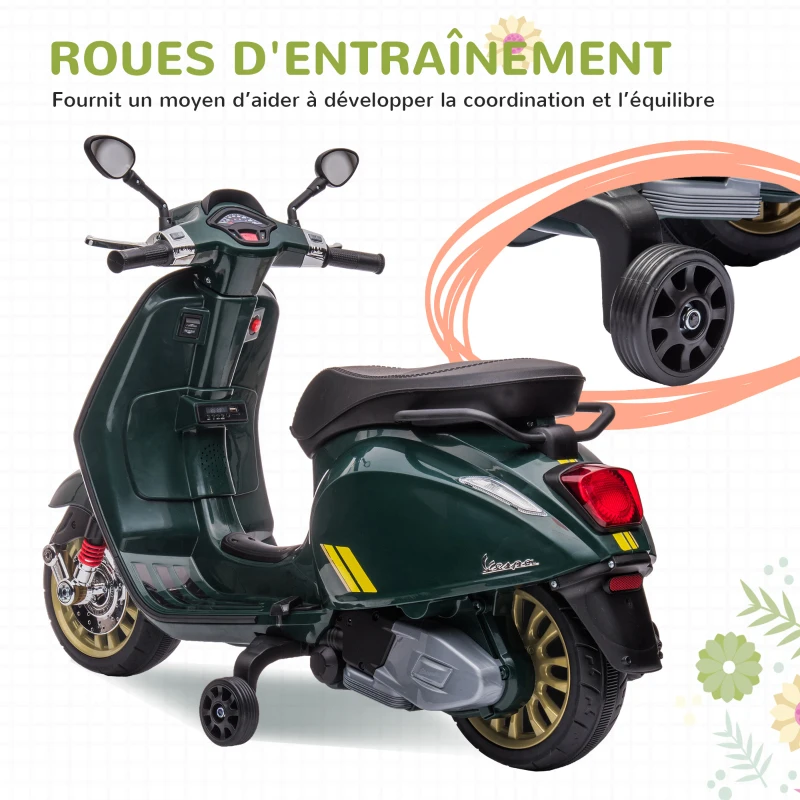 AIYAPLAY Scooter électrique enfant Vespa 6 V dim. 107L x 47l x 73H cm Musique MP3 Port USB Phare 2 roues d'entraînement - Vert
