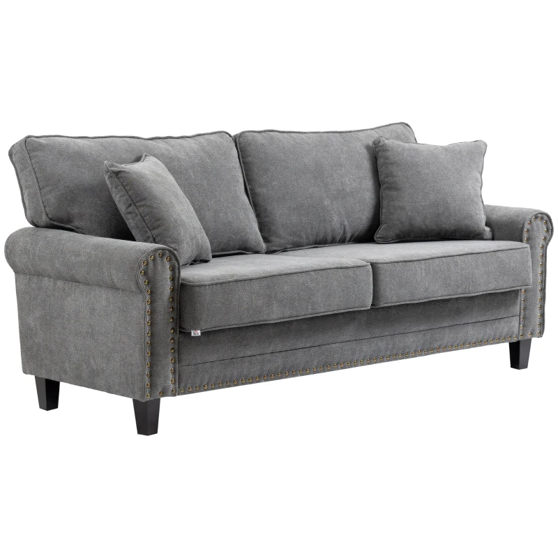 HOMCOM Sofá de 3 Plazas con Tachuelas Oro Envejecido Tapizado en Poliéster con 2 Cojines Decorativos 196x80,5x89 cm Gris