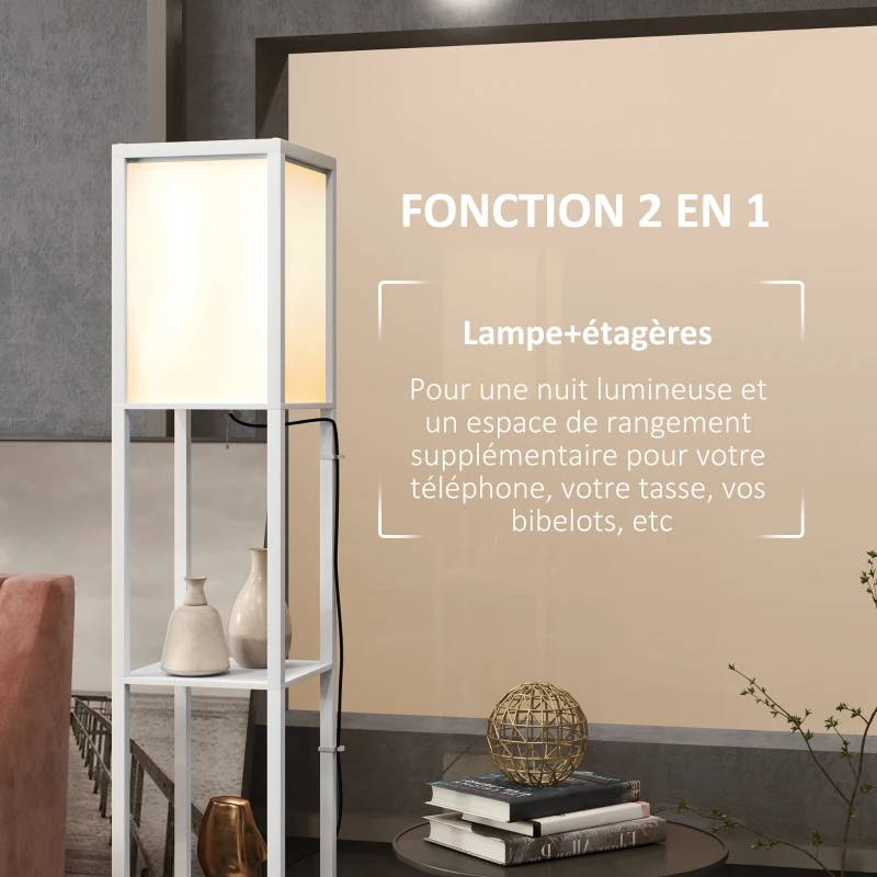 HOMCOM Lampadaire sur pied salon, lampe salon moderne, lampadaire avec étagères, abat-jour en tissu et double éclairage, blanc