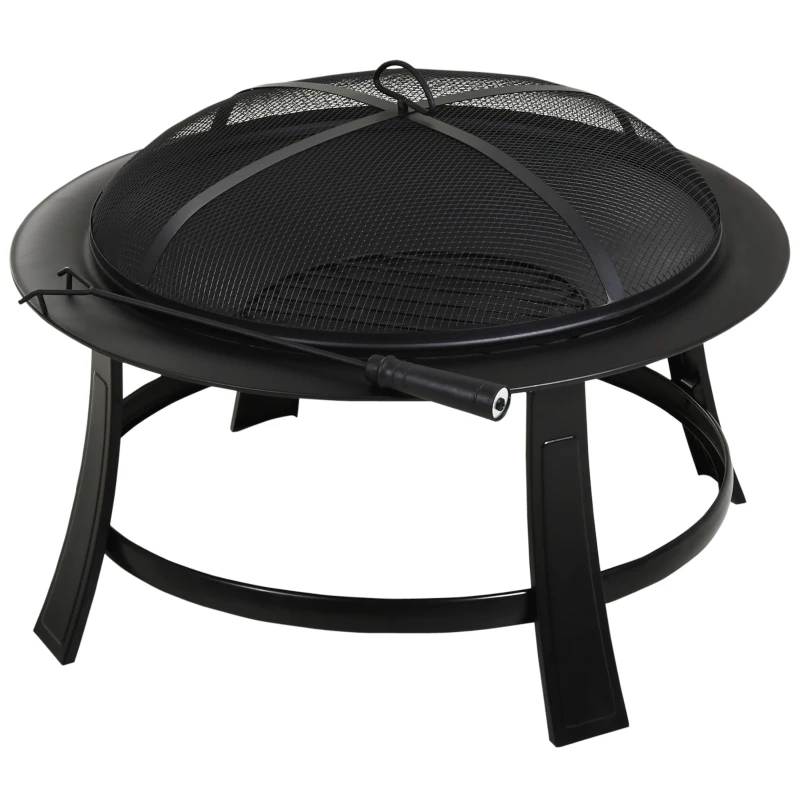 Outsunny Metal Large Firepit Bowl Outdoor Round Fire Pit w/ Lid, Log Grate, Poker for Backyard, Camping, BBQ, Bonfire, Wood Burning Stove, 76 x 76 x 53cm, Black