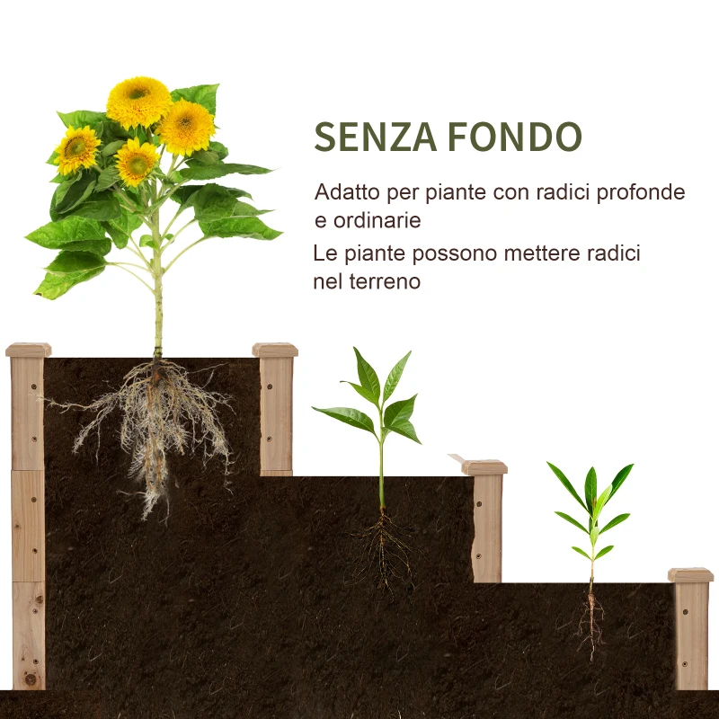 Outsunny Letto per Orto Rialzato a 3 Livelli in Legno Naturale, Fioriera Rialzata da Esterno per Piante, 120x120x56cm