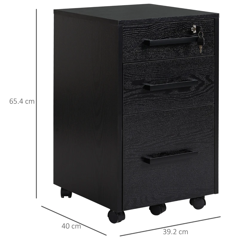 HOMCOM Cassettiera Portadocumenti da Ufficio Schedario con 3 Cassetti e Serratura, in Legno, Nero, 39.2 x 40 x 65.4cm