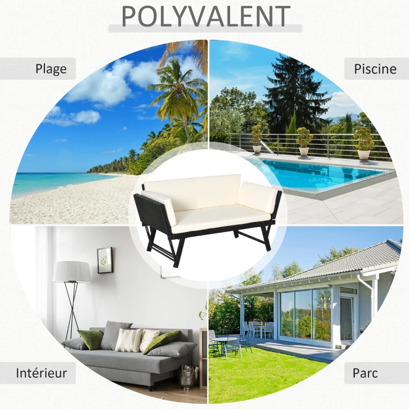 Outsunny Canapé lit de jardin extensible 3 places grand confort 4 coussins crème inclus résine tressée imitation rotin noir