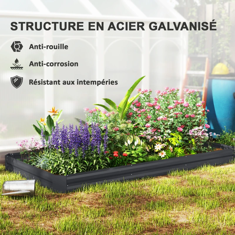 Outsunny Jardinière extérieure carré potager galvanisée avec bordure de sécurité et fond ouvert 240 x 120 x 30 cm gris foncé