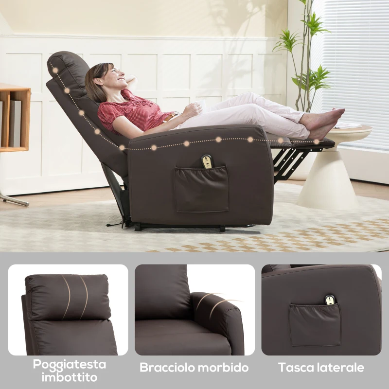 HOMCOM Poltrona Alzapersona Reclinabile a 145° con Telecomando e Poggiapiedi, in Pelle PU Marrone Scuro, 67x95x105 cm