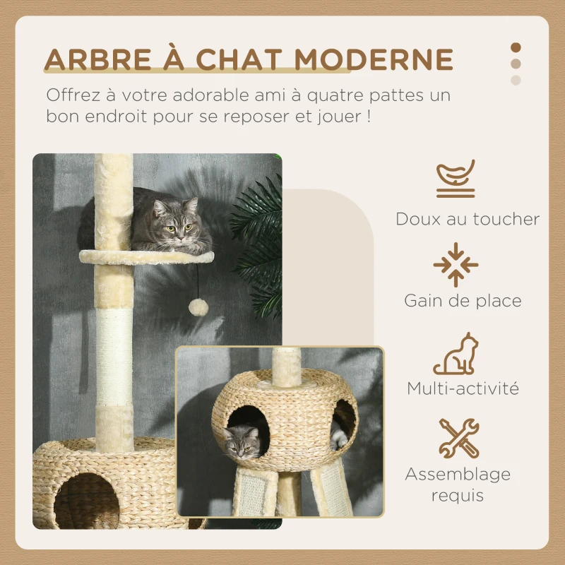 PawHut Arbre à chat sol au plafond hauteur réglable 225-255 cm avec poteau à gratter 4 niveaux niche sisal pompon jeux beige