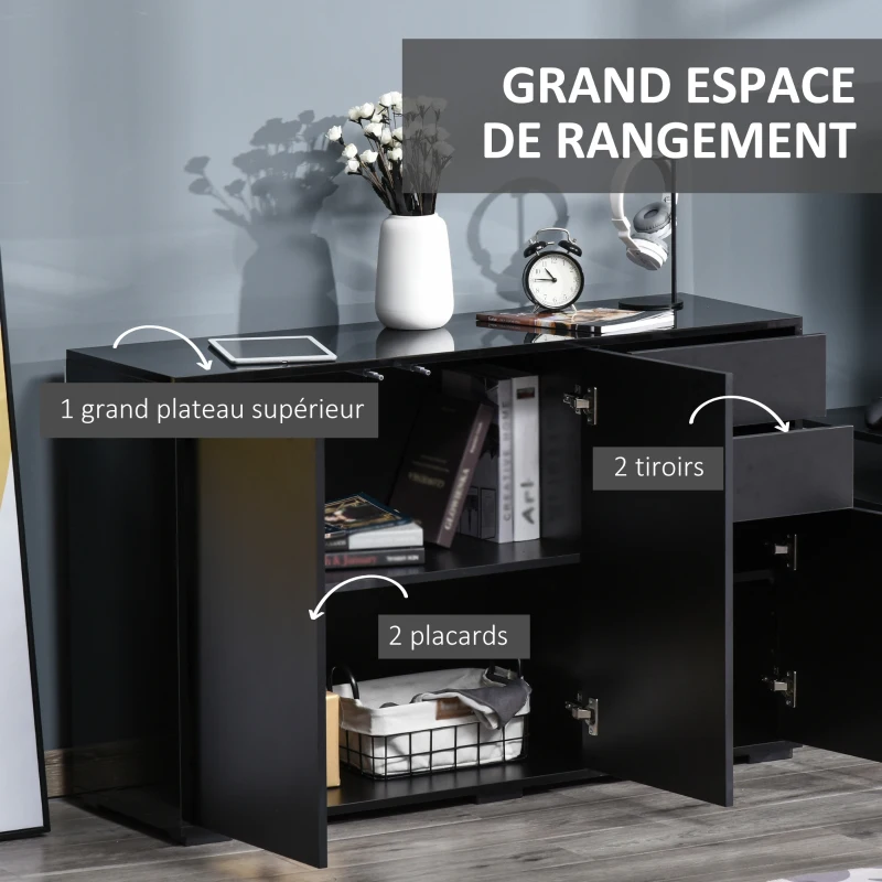 HOMCOM Buffet meuble de rangement 2 tiroirs coulissants 3 portes étagère réglable panneaux de particules 117 x 36 x 74 cm noir