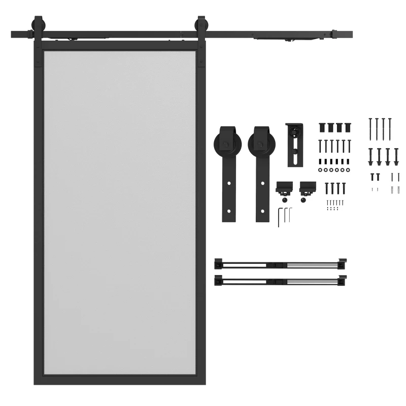 HOMCOM 6,6FT/200cm Kit de Accesorios para Puerta Corrediza con Amortiguador sin Perforación y 2 Rieles para Granero Negro