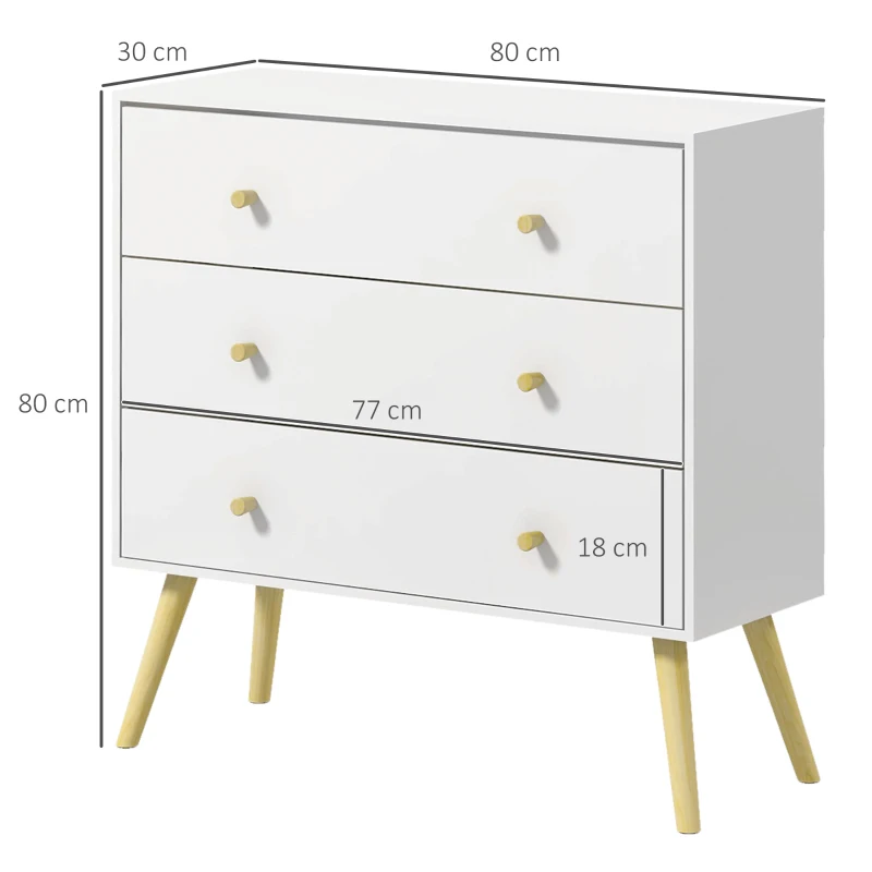 HOMCOM Cómoda con 3 Cajones Cajonera de Dormitorio con Patas de Madera de Pino para Salón Oficina Habitación 80x30x80 cm Blanco