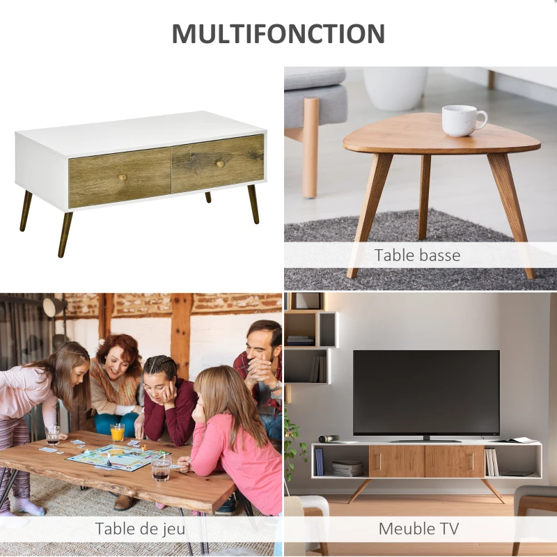 HOMCOM Table Basse rectangulaire 4 tiroirs coulissants façades Aspect chêne doré Pieds effilés Bois de hêtre Panneaux Particules Blanc