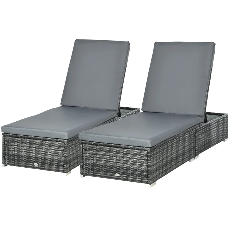 Outsunny PE Rattan Sun Loungers set of 2 with Cushion, Outdoor 2 Pieces Garden Sunbed Furniture with 5-Level Recliner Backrest, Reclining Patio Wicker Bed Chair, Grey