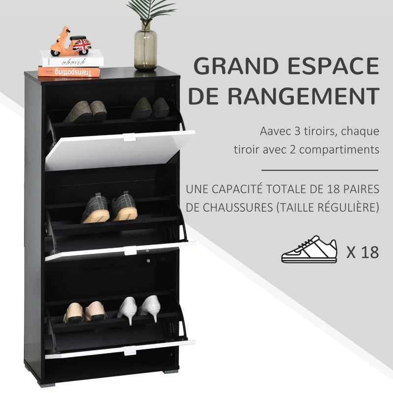 HOMCOM Meuble à Chaussures 3 Portes abattantes 3 Compartiments MDF Noir Blanc laqué