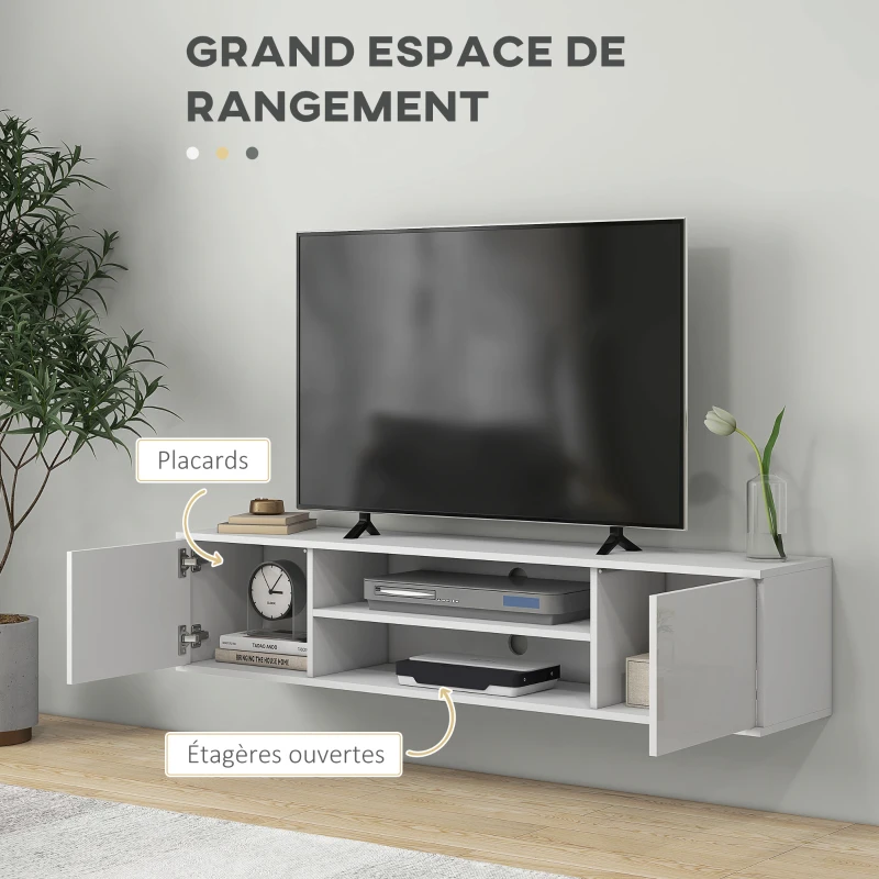 HOMCOM Meuble banc TV mural suspendu style contemporain 2 placards 2 niches centrales et 2 passe-câbles 140 x 30 x 30 cm blanc