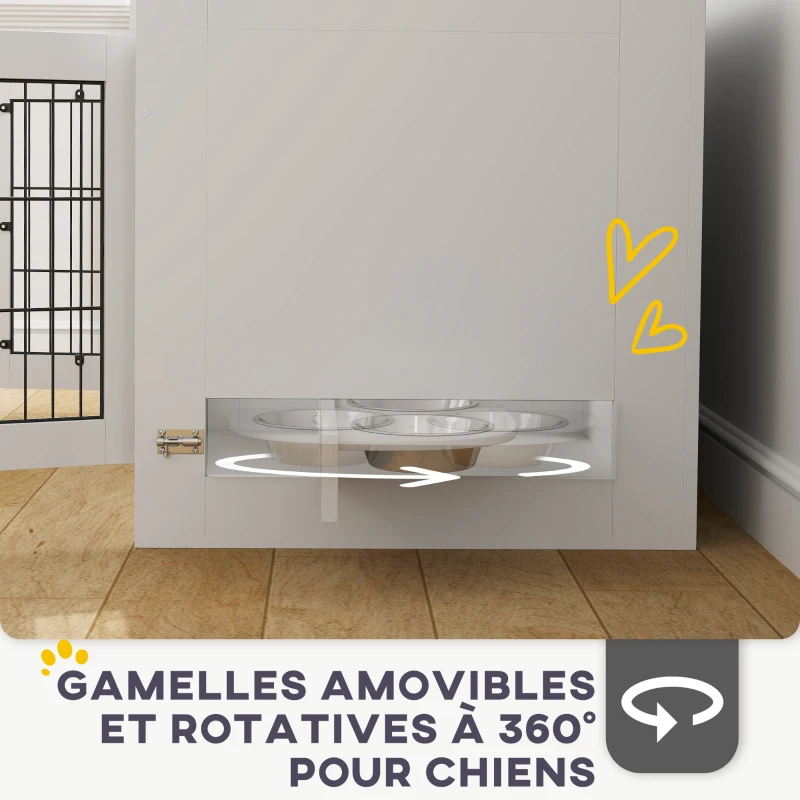 PawHut Cage pour chien intérieur caisse pour chien en bois 2 bols rotatifs à 360° 2 portes chien moyenne 80 x 60 x 63 cm blanc