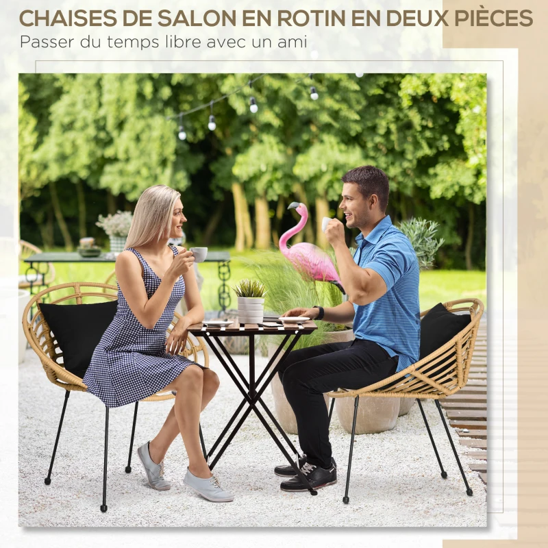 Outsunny Ensemble de 2 chaises de jardin en acier et résine tressée avec coussins moelleux 71,5 x 64 x 75 cm
