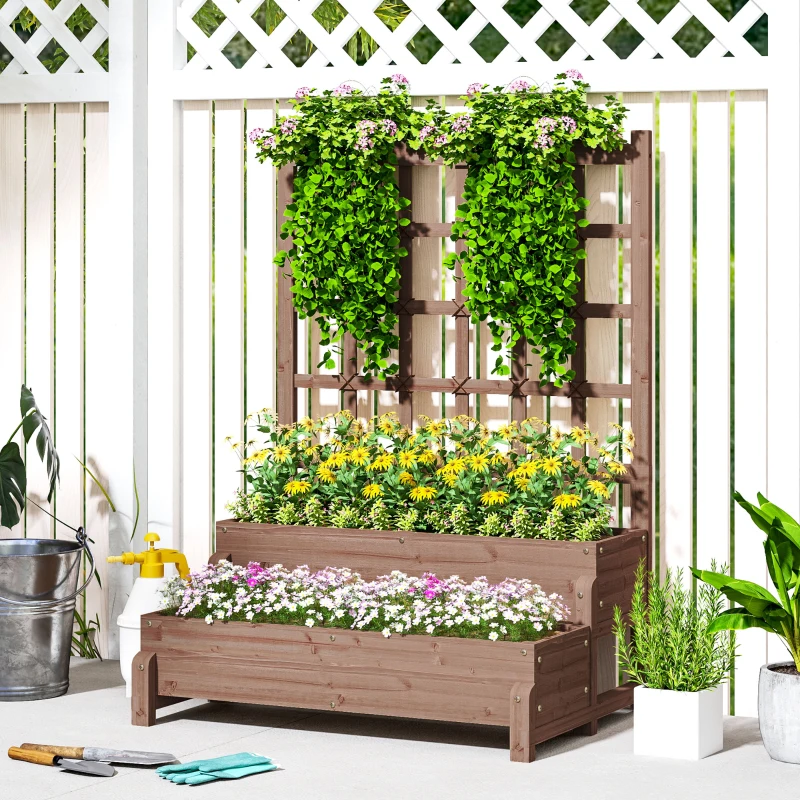 Outsunny 2-Tier Raised Garden Bed with Trellis, Wooden Elevated Planter Box with Drainage Holes, Outdoor Raised Planter for Climbing Plants, Fruits, Vegetables, Flowers, Brown