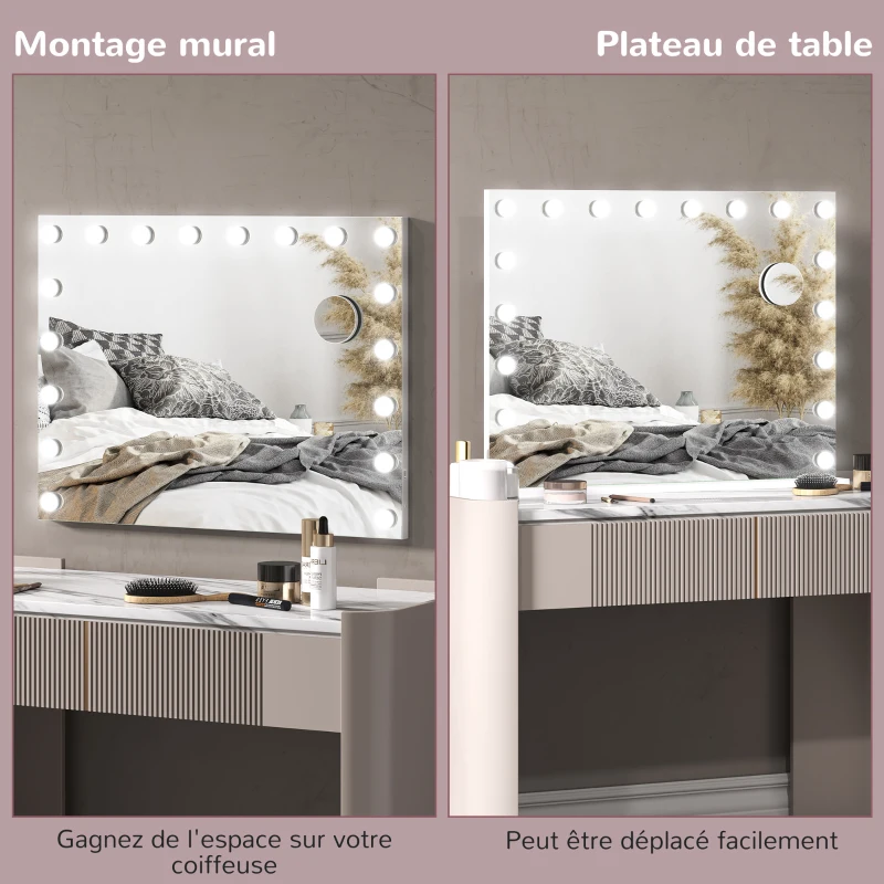 HOMCOM Miroir maquillage lumineux LED intensité réglable miroir grossissant port de charge USB, 80 x 62 cm