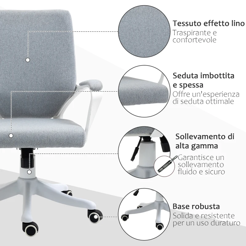 Vinsetto Sedia da Ufficio Ergonomica con Altezza Regolabile, Sedia Scrivania Imbottita Girevole 360° e Funzione Dondolo, in Tessuto effetto Lino Traspirante, per Studio, Grigio