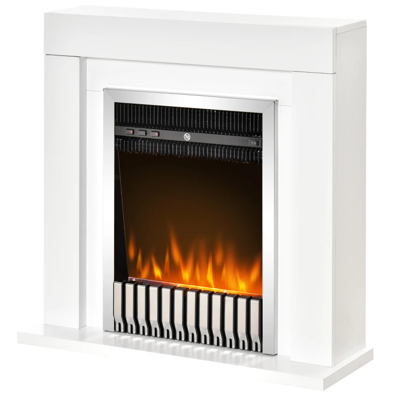 HOMCOM Chimenea Eléctrica 1000/2000W Chimenea Decorativa con Marco Llama Termostato Mando a Distancia Temporizador y Protección Sobrecalentamiento para 20-25 m² Blanco