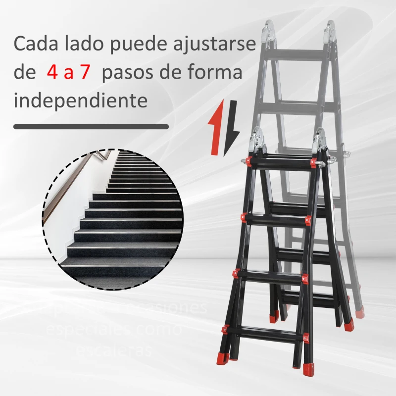 HOMCOM Escalera Telescópica de Aluminio 4 m Escalera Extensible Plegable con 8 Peldaños Ajustables y 2 Formas Carga 150 kg