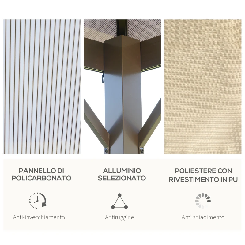 Outsunny Gazebo da Giardino 3x3m con Tetto in Policarbonato e Zanzariere, Caffè e Khaki