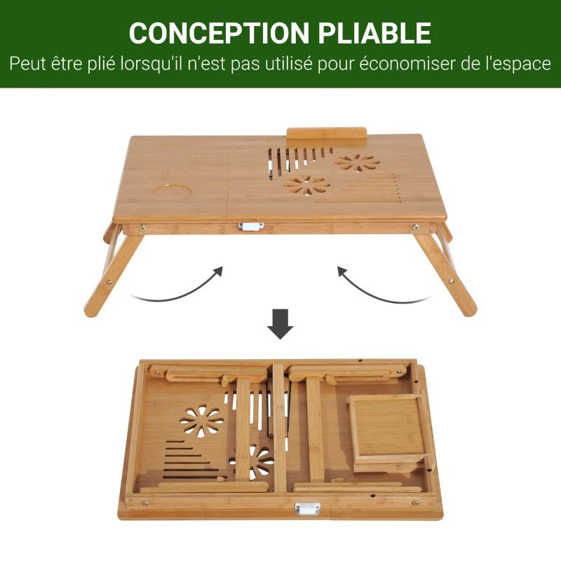 HOMCOM Table de lit plateau pour ordinateur en bois de bambou plateau inclinable pliable réglable en hauteur naturel