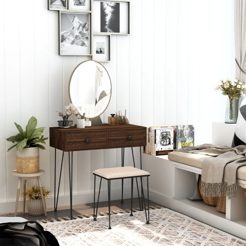 HOMCOM Coiffeuse Table de maquillage moderne - Miroir LED réglable intégré - Tabouret Inclus - pied en métal Noir - 2 tiroirs + 1 Organisateur Imitation Bois Noyer foncé