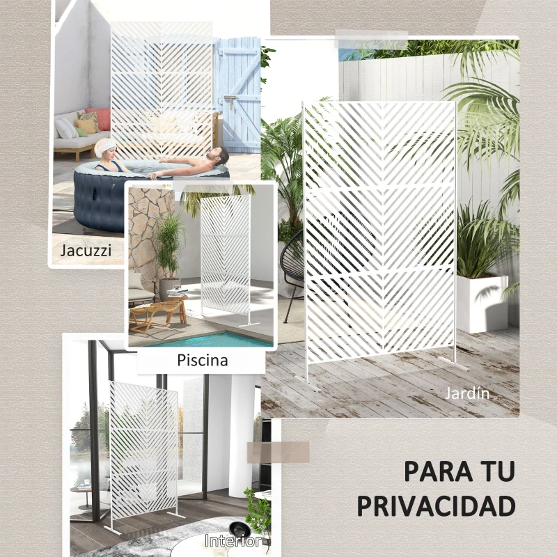 Outsunny Separador de Ambientes Exterior con 3 Piezas Patrón de Triángulo Invertido con Marco de Acero 122x45x198 cm Blanco