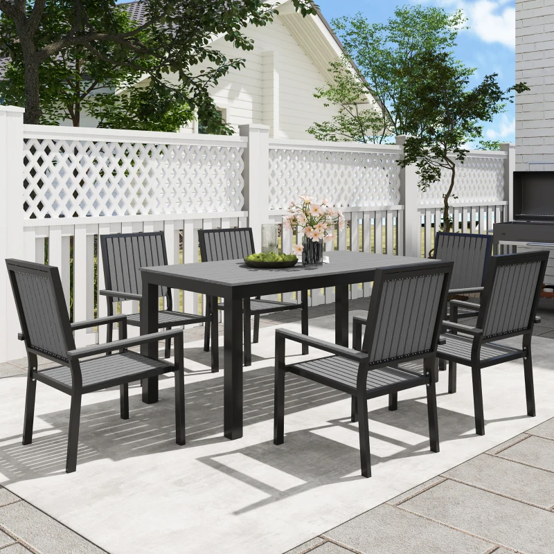 Outsunny 6 Seater Garden Dining Set with Stackable Chairs, Aluminium Frame, Rectangular Plastic Top, Garden Furniture Set, Outdoor Dining Table and Chairs for Patio, Balcony, Poolside, Grey