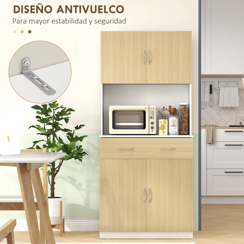 HOMCOM Mueble Auxiliar de Cocina con Puertas Cajón y Estantes Ajustables Antivuelco 80x40x180 cm Natural y Blanco