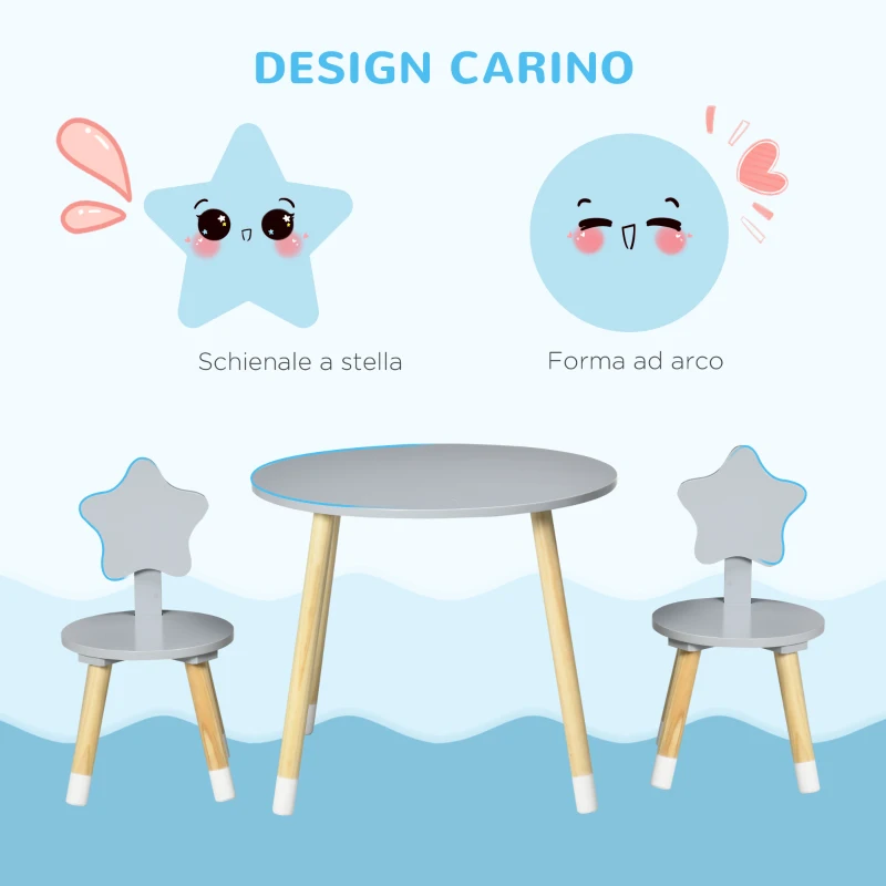 HOMCOM Set Tavolo con 2 Sedie per Bambini in Legno, Età da 18 Mesi a 4 Anni, Grigio