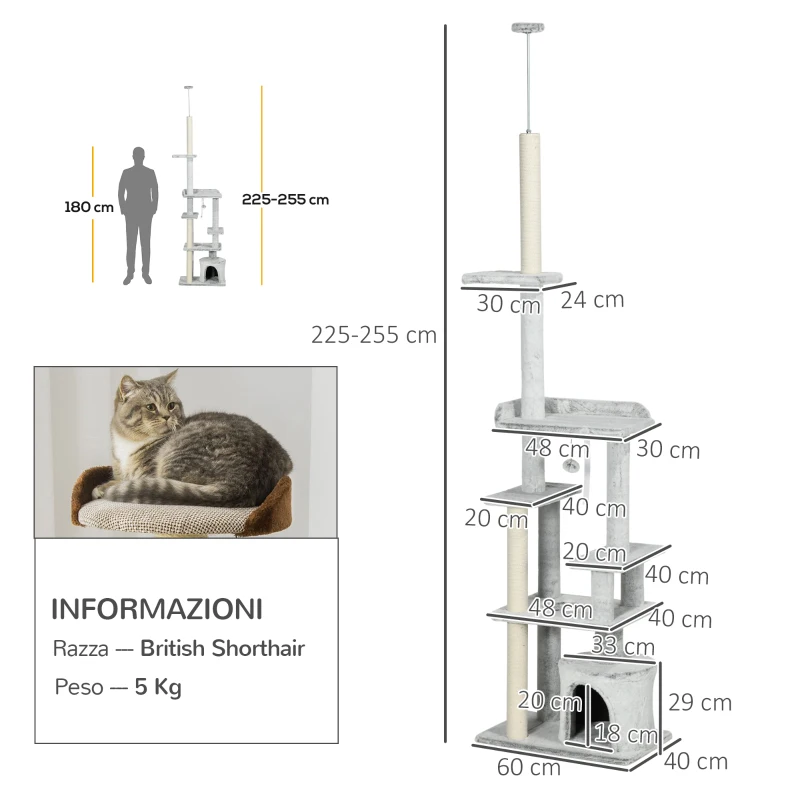 PawHut Albero Tiragraffi per Gatti a Soffitto con Piattaforme e Casetta, 60x40x225-255cm, Grigio