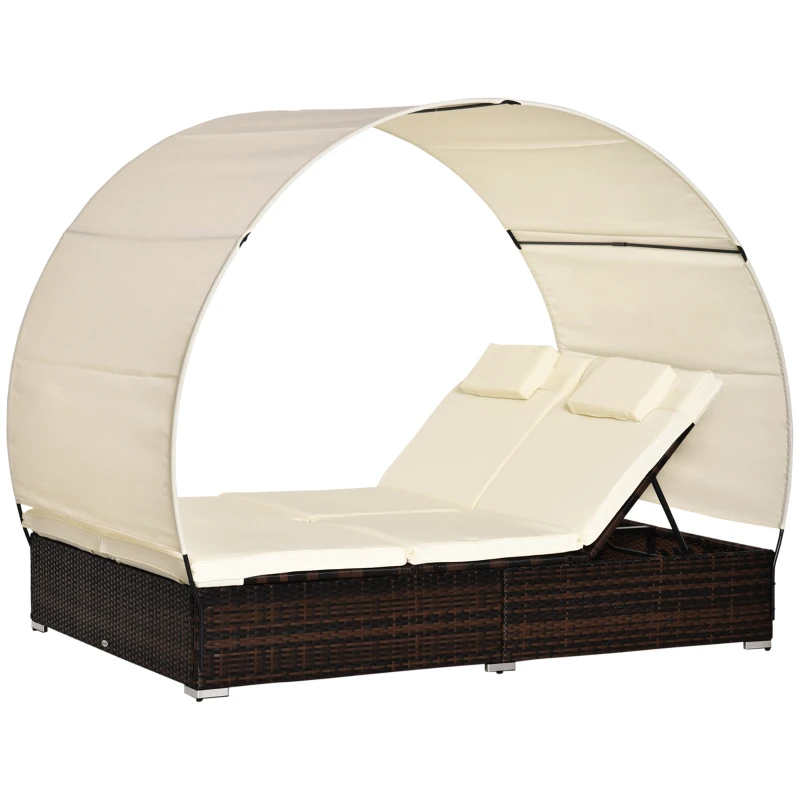 Outsunny Sdraio da Giardino Doppia con Tettuccio e Schienale 5 Reclinazioni, Lettino Prendisole in Rattan PE 196x137x31cm Bianco Crema