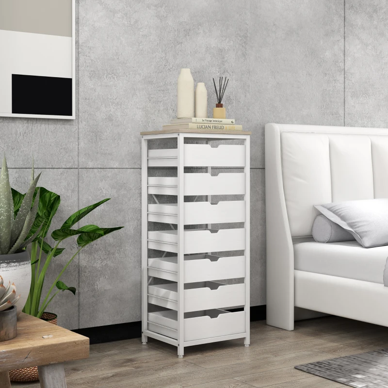 HOMCOM Commode meuble de rangement chiffonier à 7 tiroirs style comtemporain avec cadre en acier et poignées découpées blanc