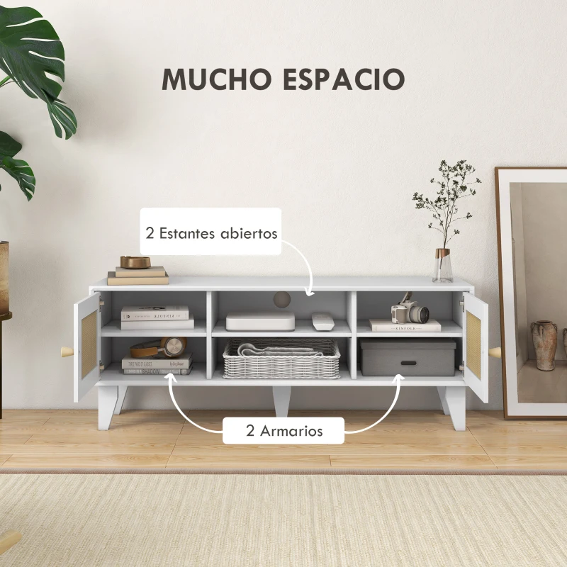HOMCOM Mueble de TV de Salón Mesa para Televisores de hasta 55" con 2 Puertas de Ratán Estante Ajustable 120x35x46 cm Blanco