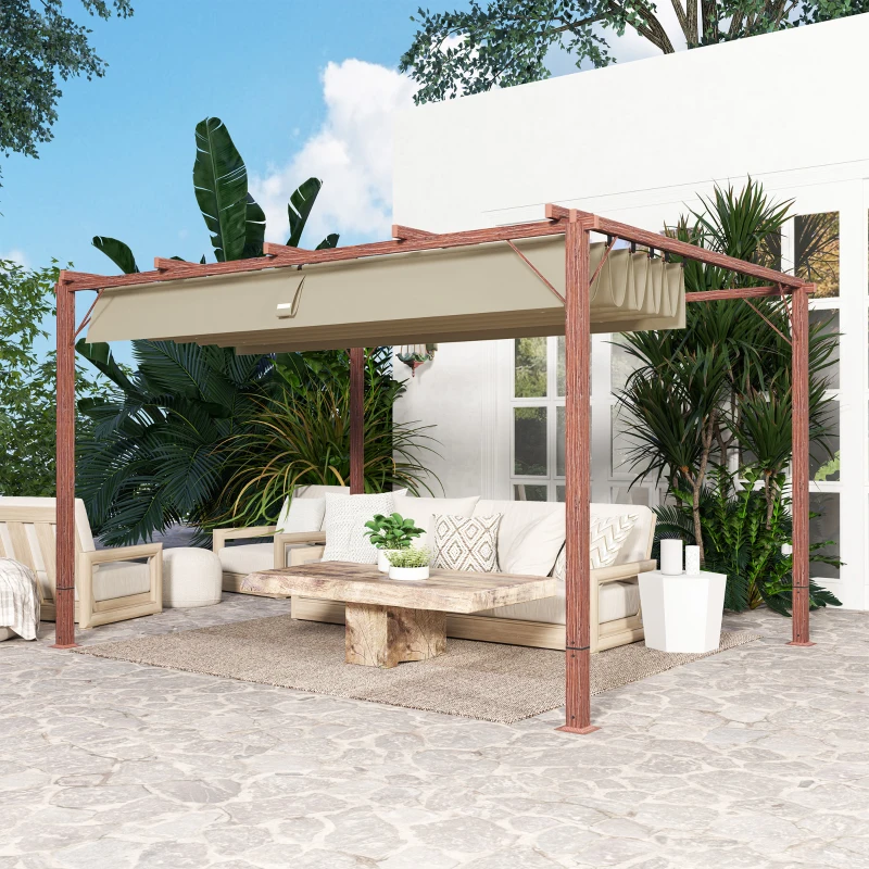 Outsunny Gazebo Pergola con Tetto Retrattile, Picchetti e Viti, in Poliestere e Alluminio, 382x300x232 cm, color Legno