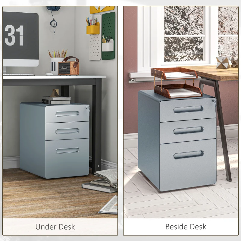 Vinsetto Lockable Cabinet, Rolling Filing Cabinet with 3 Drawers, Steel Office Drawer Unit for A4, Letter, Legal Sized Files