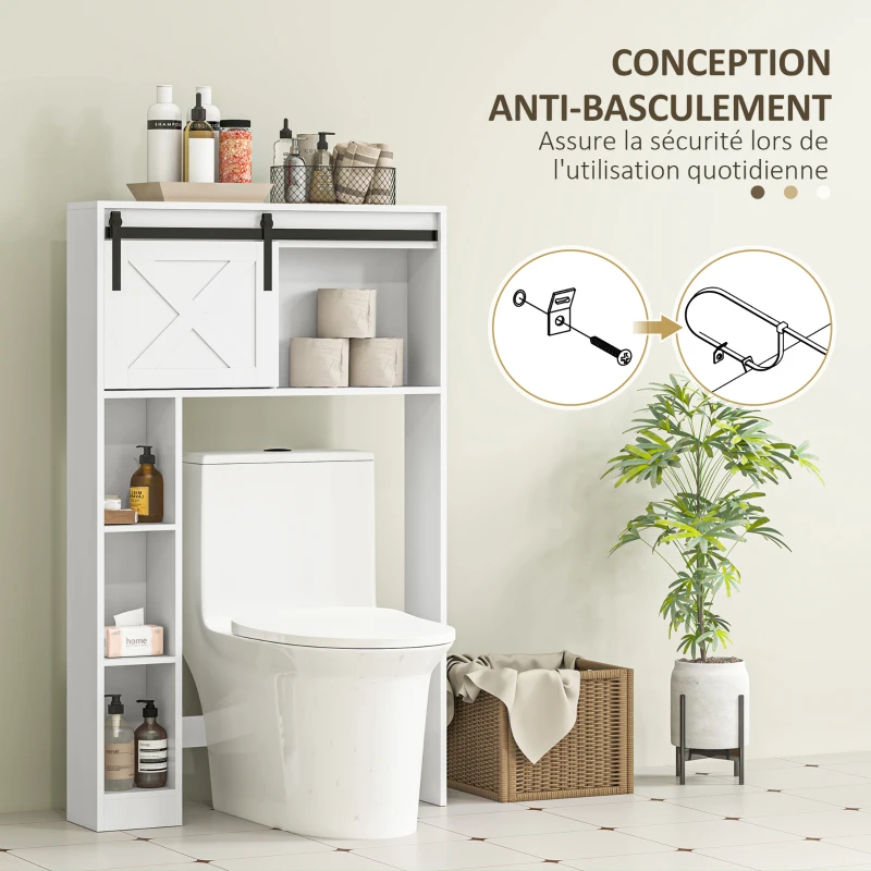HOMCOM Meuble de rangement au-dessus des toilettes avec porte coulissante, Meuble étagère dessus WC, étagère réglable, blanc
