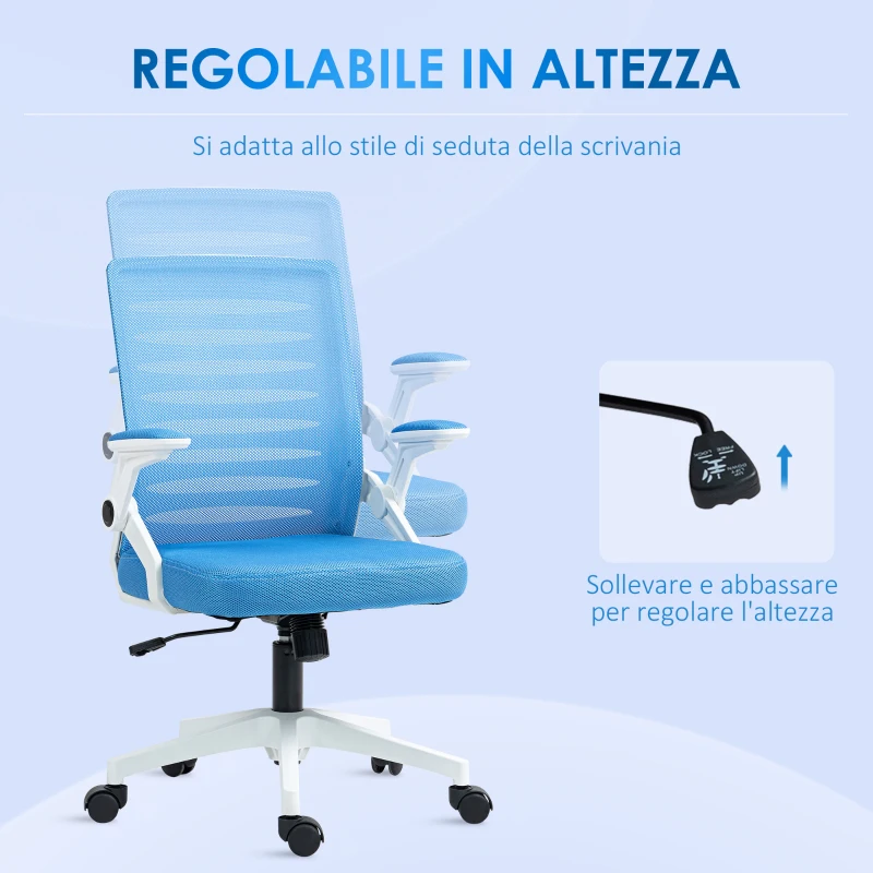 Vinsetto Sedia Ergonomica Girevole ad Altezza Regolabile con Braccioli, 54x54x89-99 cm, Bianca e Azzurra