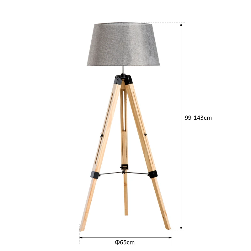 HOMCOM Lampadaire trépied hauteur réglable  65 x 65 x 99-143 cm lampe de sol 40 W bois style nordique gris