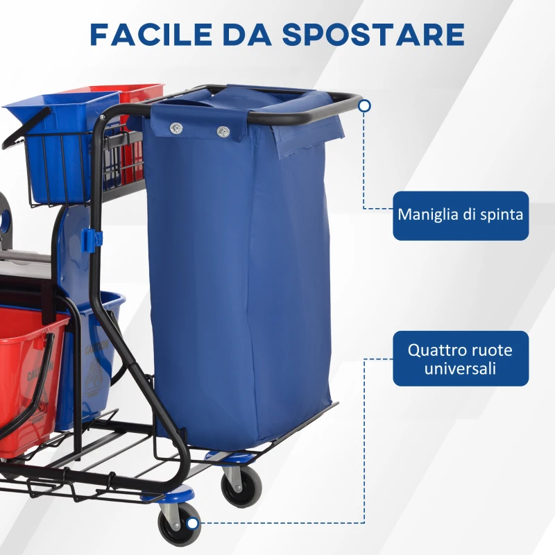 HOMCOM Carrello Pulizie con Sacco per Immondizia, 4 Secchi e Strizzatore per Mocio, 93x80x97 cm, Rosso Blu e Nero