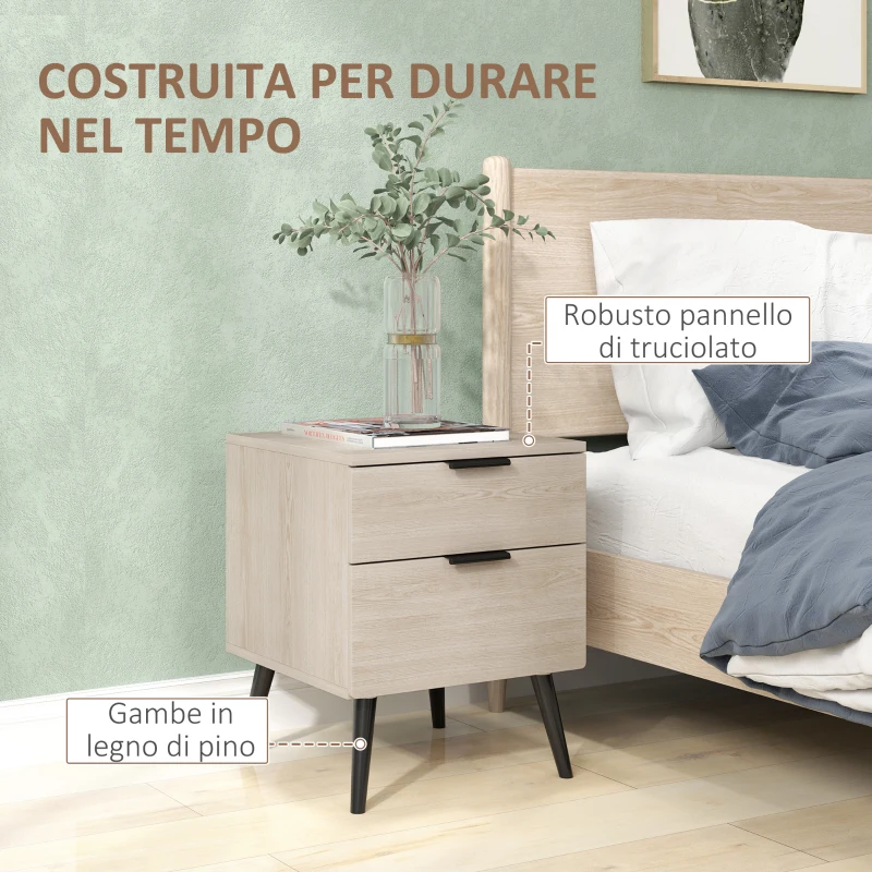 HOMCOM Set 2 Comodini Stile Nordico con Cassetto e Base Rialzata, in Legno, 40x40x50 cm, color Quercia