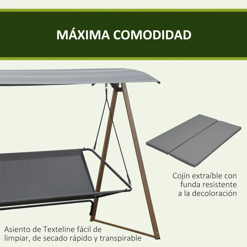 Outsunny Columpio Balancín de Jardín de 3 Plazas con Techo Ajustable Asiento Acolchado 224x133x173 cm Gris