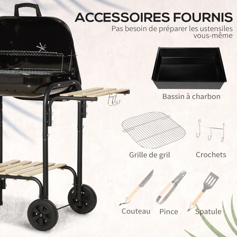 Outsunny Barbecue à charbon BBQ avec 2 roues, ustensiles, couvercle et étagères dim. 113L x 62l x 97H cm - métal émaillé noir