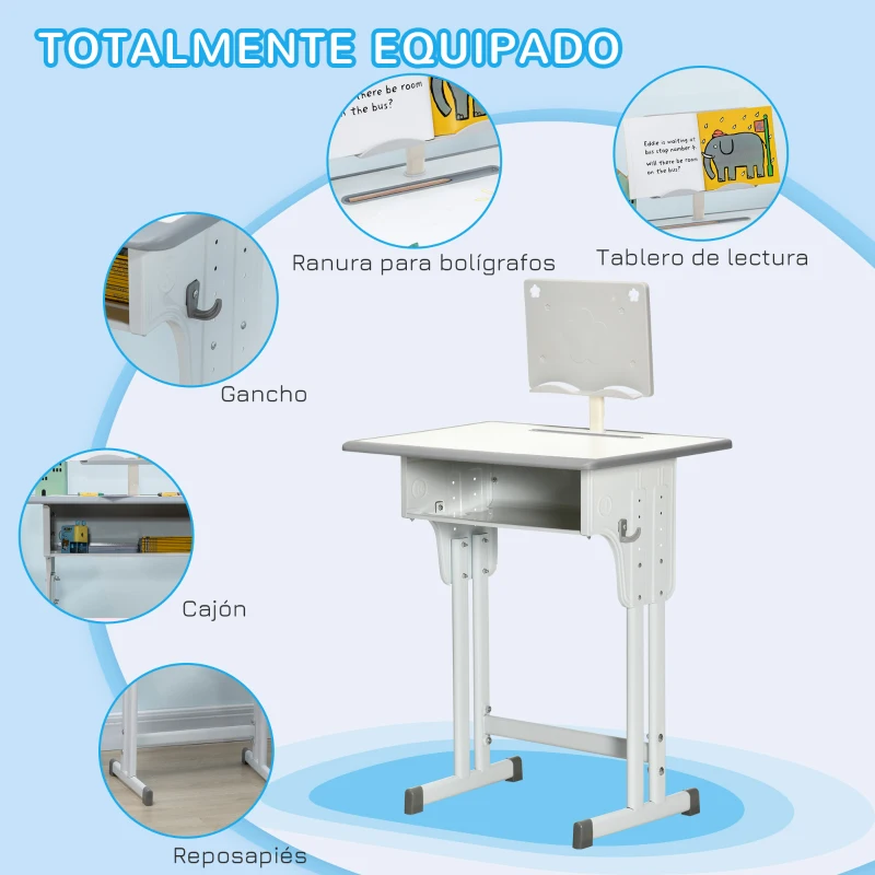 HOMCOM Juego de Escritorio y Silla Infantil de +6 Años Altura Ajustable con 1 Cajón y Estante para Libros 60x45x90-102 cm Gris